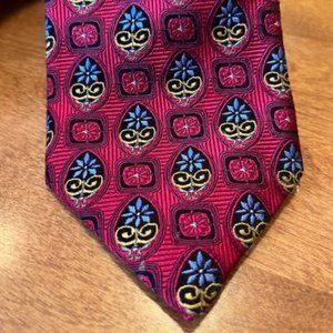 Handmade Jos A Bank Red and Blue Tie Signature Gold Silk